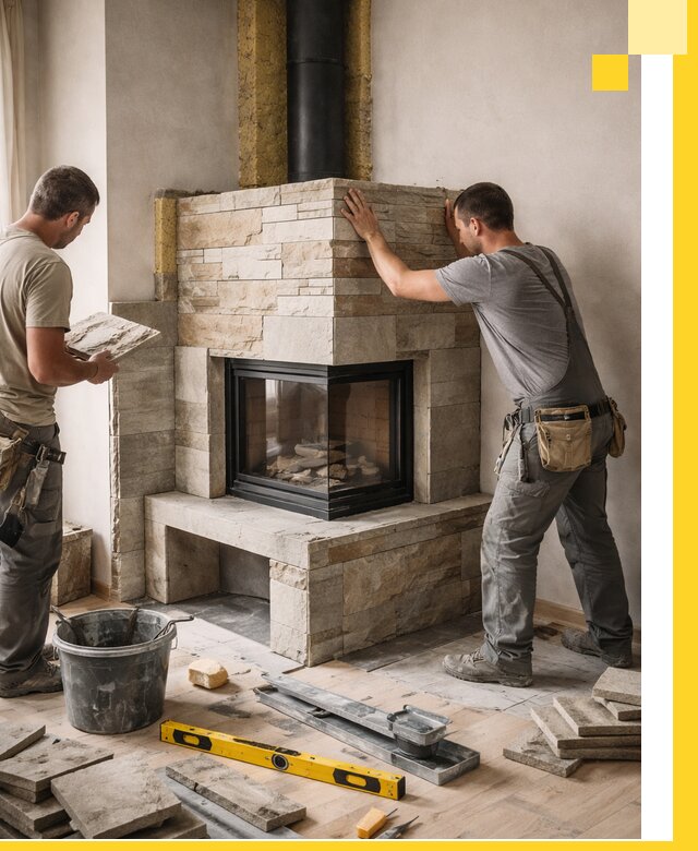 Угловые камины под ключ проект, монтаж и отделка в Ельце